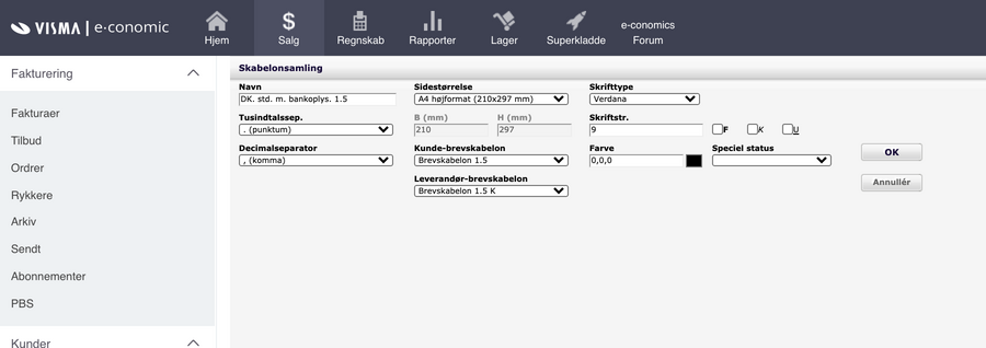 Viser indstillingerne for tusindtals- og decimalseparator i Design og layout – bruges til at formatere beløb på fakturaer, tilbud og ordrer.