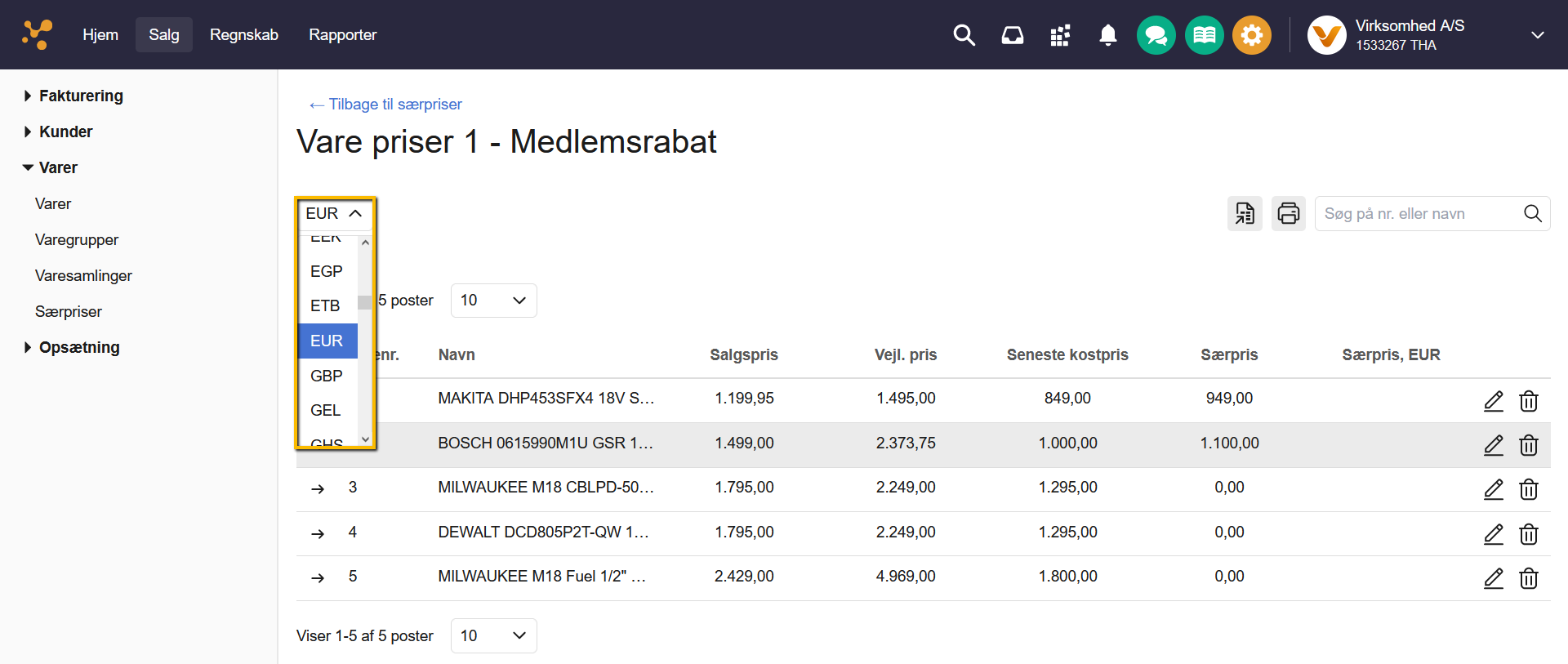 Viser dropdown-menuen til valg af valuta i Særpriser – bruges til at tildele særpriser i en anden valuta.