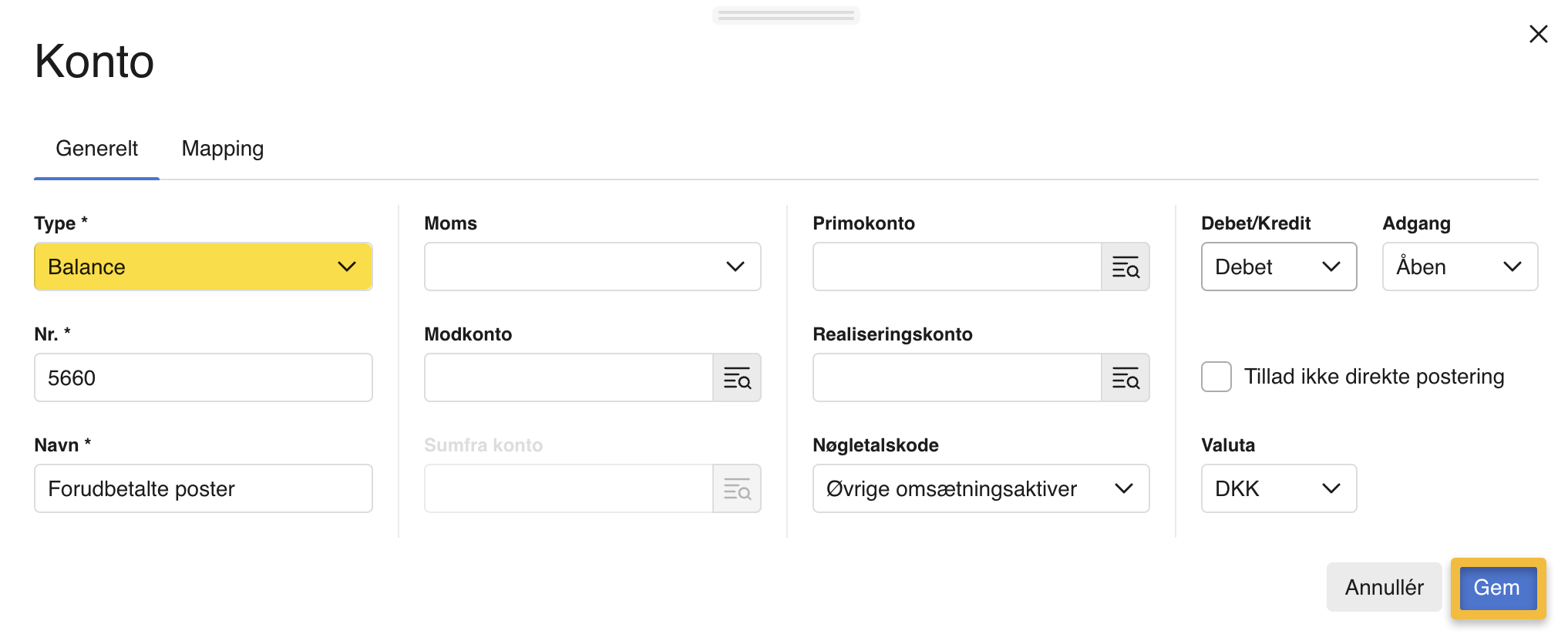 Viser oprettelse af en konto til forudbetalte udgifter i kontoplanen – bruges til at periodisere udgifter.