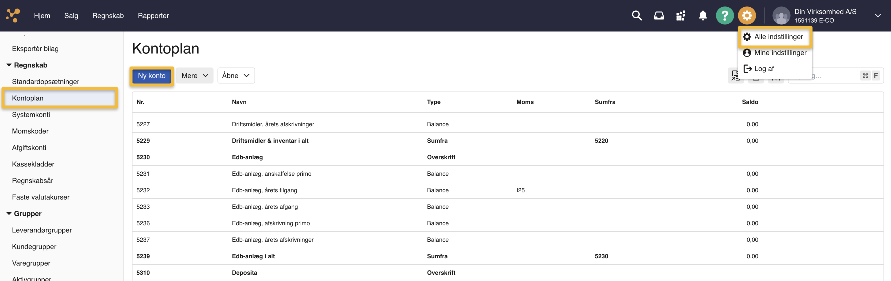 Viser knappen 'Ny konto' i Kontoplanen – bruges til at oprette en ny konto til forudbetalte udgifter.