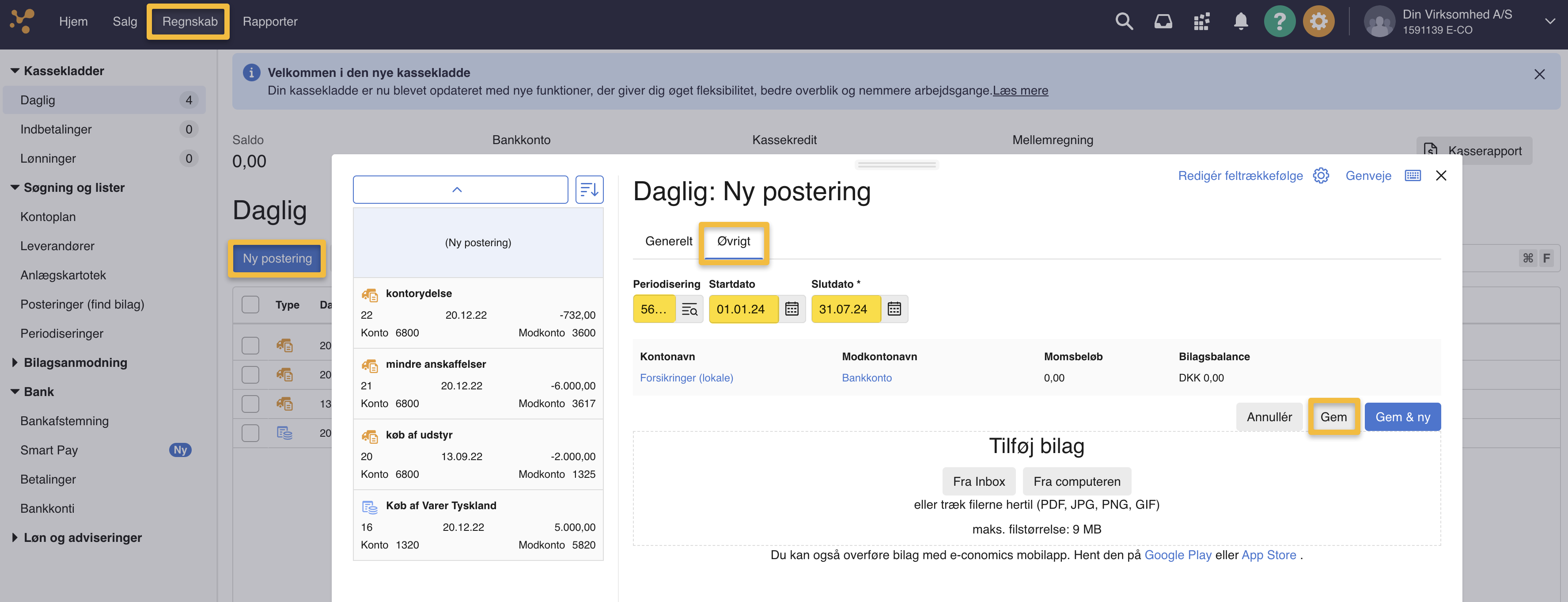 Viser fanen 'Øvrigt' på en ny postering i en kassekladde – bruges til at angive en periodiseringskonto og periode for en postering.