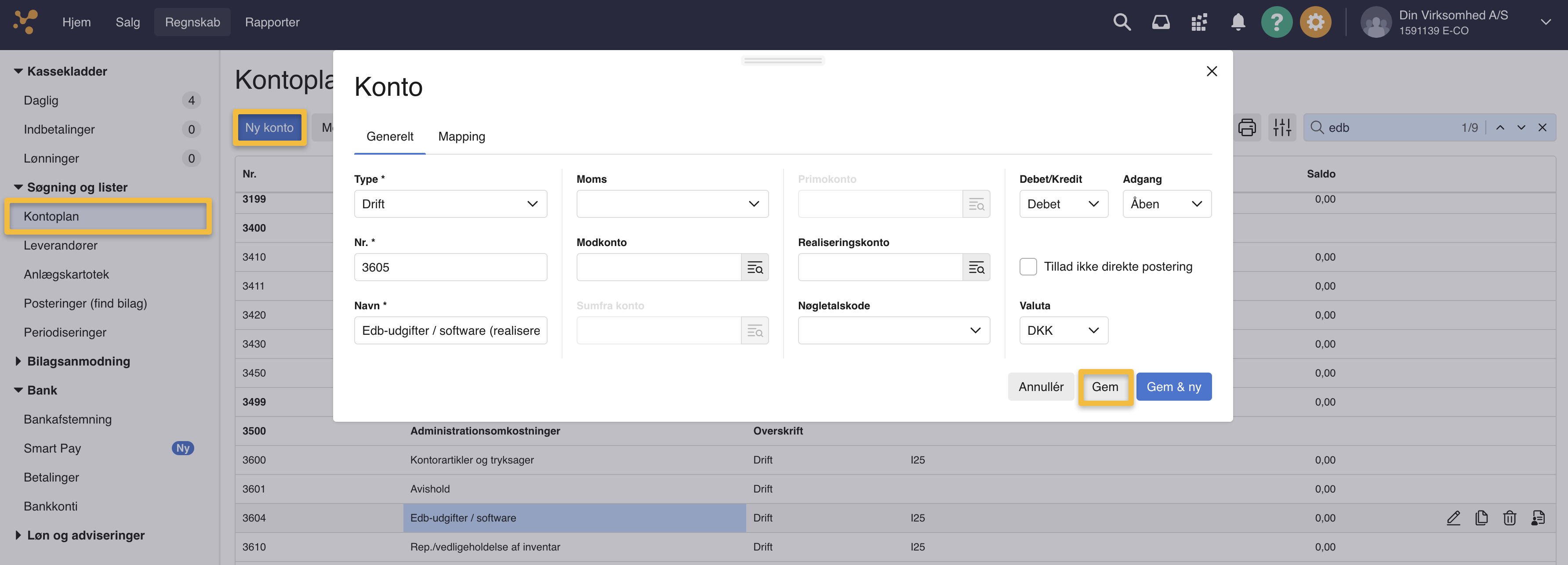 Viser oprettelse af en ny konto i Kontoplanen – bruges til at oprette en realiseringskonto til periodiseringsposteringer.