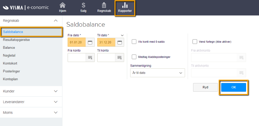 Viser rapportopsætningen for Saldobalance i modulet Rapporter – bruges til at afgrænse og generere en saldobalance.