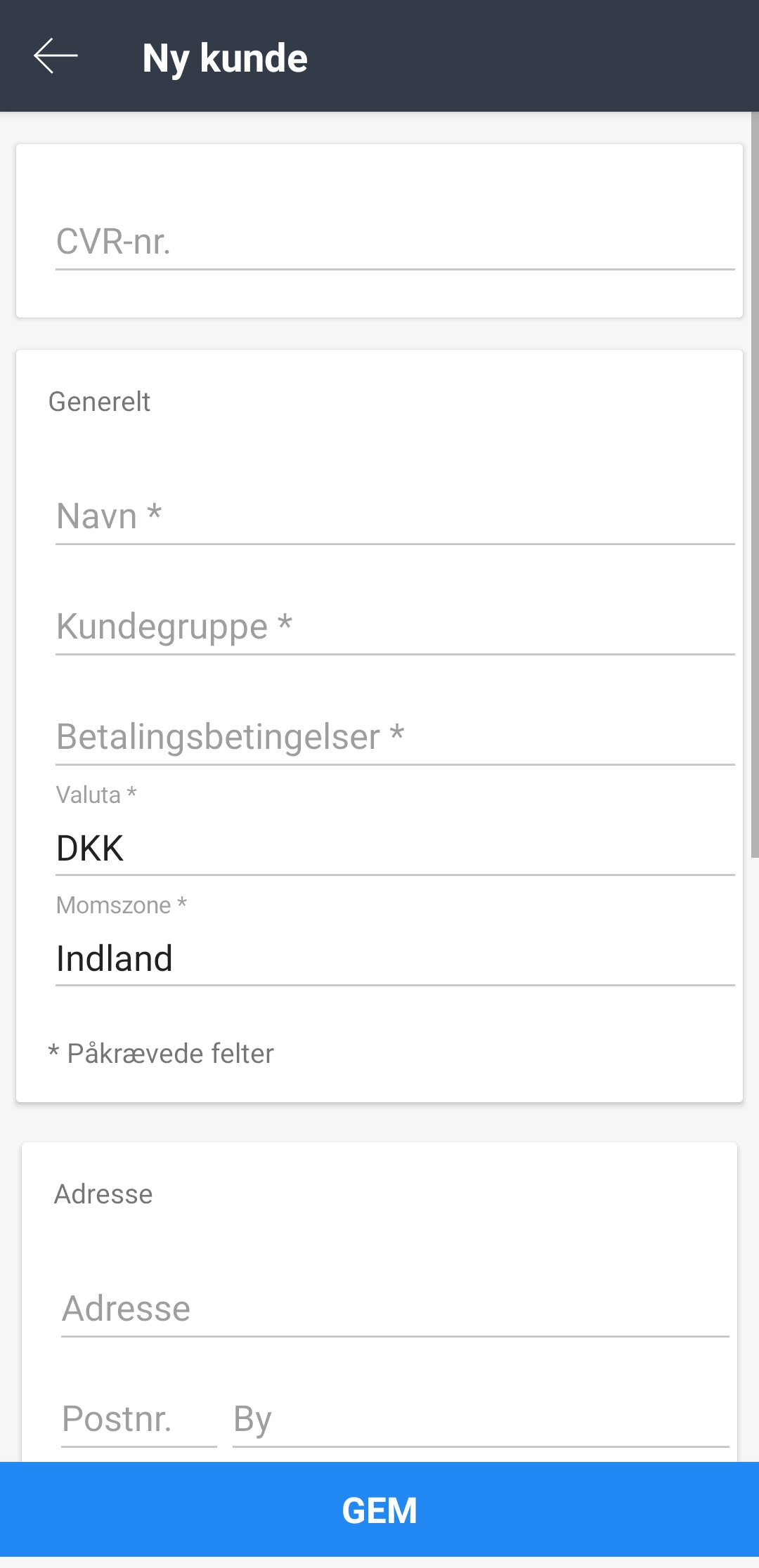 Viser formularen til oprettelse af en ny kunde i Kunder-modulet – bruges til at tilføje en ny kunde til regnskabet.