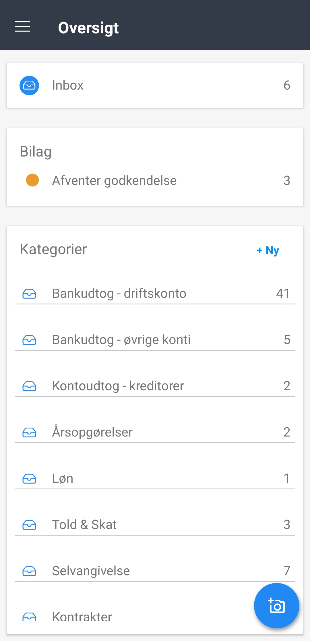 Viser Inbox i Hjem-oversigten – bruges til at få et overblik over bilag til bogføring.