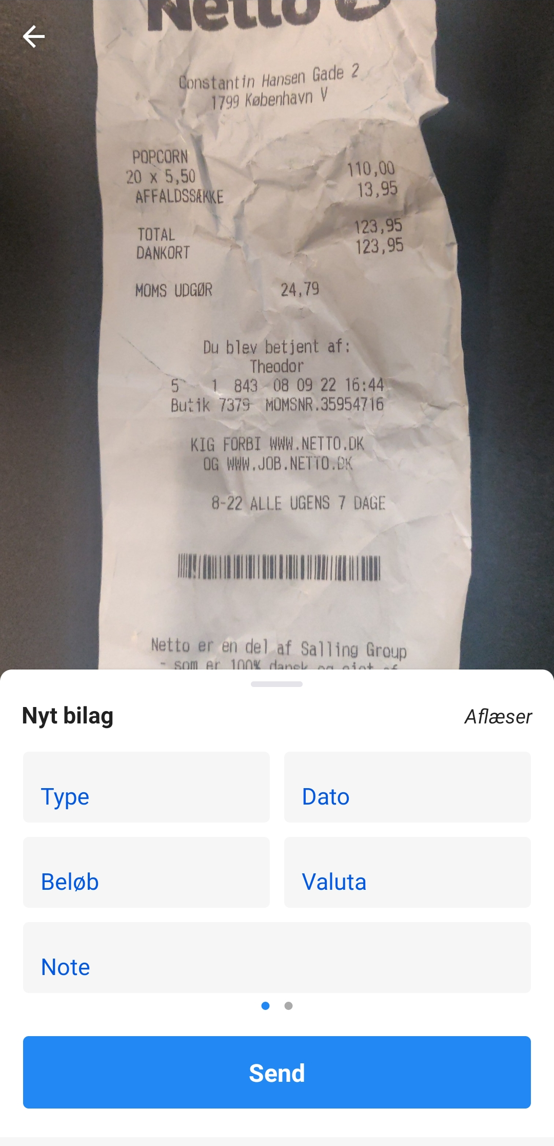 Viser funktionen 'Nyt bilag' i Hjem – bruges til at omdanne et billede af en kvittering til et digitalt bilag.