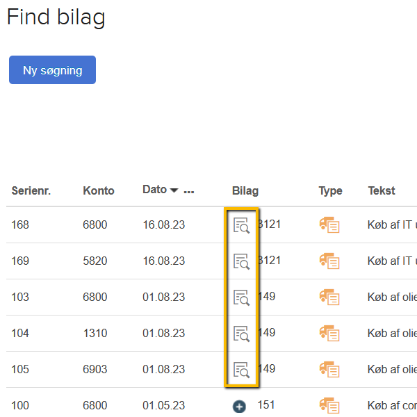 Viser "Find bilag"-ikonet i posteringsoversigten – bruges til at åbne det bilag, der er knyttet til posteringen.