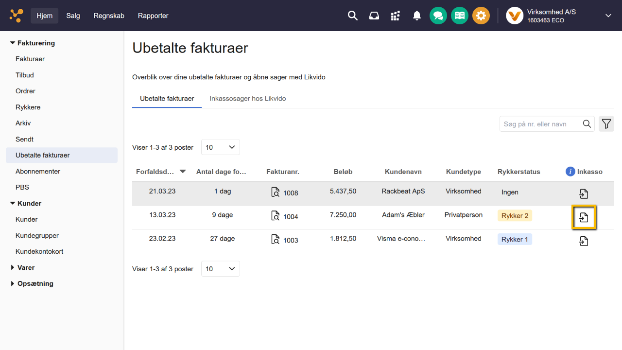 Viser Inkasso-knappen i oversigten over ubetalte fakturaer – bruges til at sende en faktura til inkasso hos Likvido.