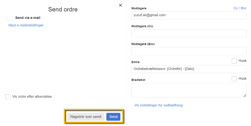 Viser knappen 'Send' i vinduet 'Send ordre' – bruges til at færdiggøre følgesedlen, så den kan udskrives.