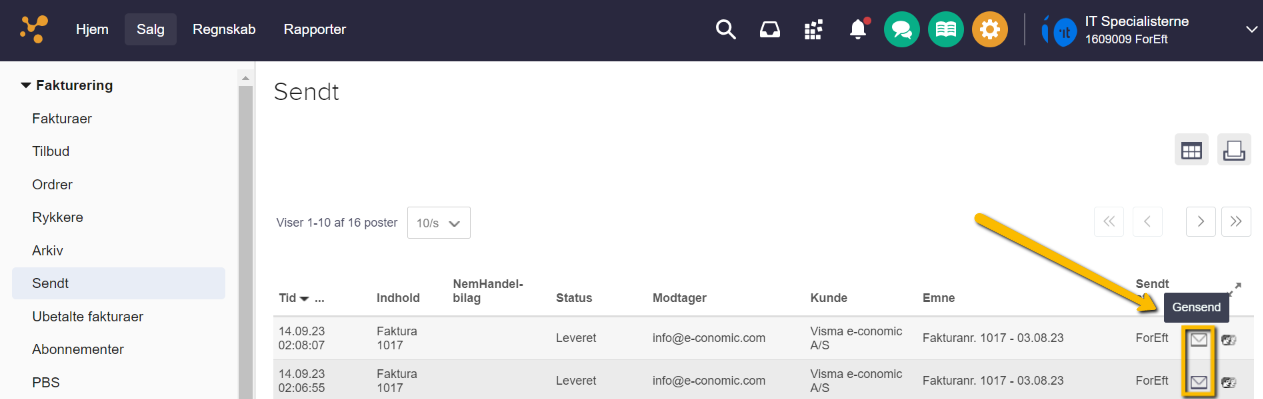 Viser Gensend-ikonet i oversigten Sendt – bruges til at gensende en allerede afsendt faktura.