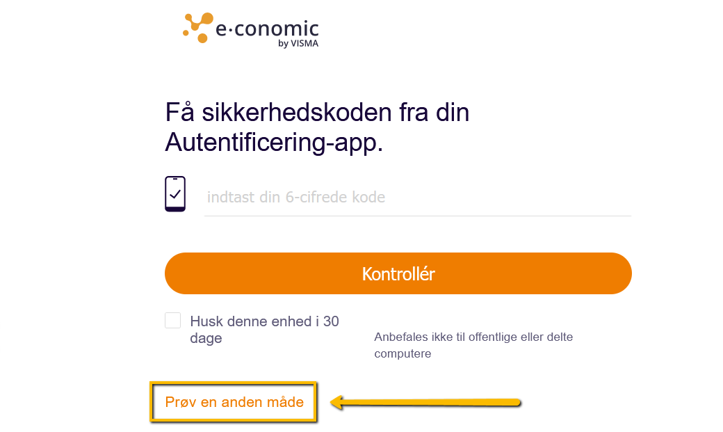 Viser knappen 'Prøv en anden måde' på login-siden for to-faktor-godkendelse – bruges til at vælge en alternativ login-metode, f.eks. ved brug af en nødkode.
