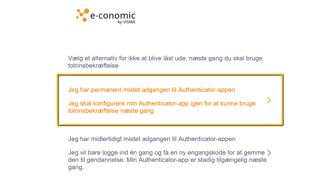 Viser valget for permanent tab af Authenticator-app i gendannelse af totrinsbekræftelse – bruges til at starte en nulstilling af sin Authenticator-opsætning.