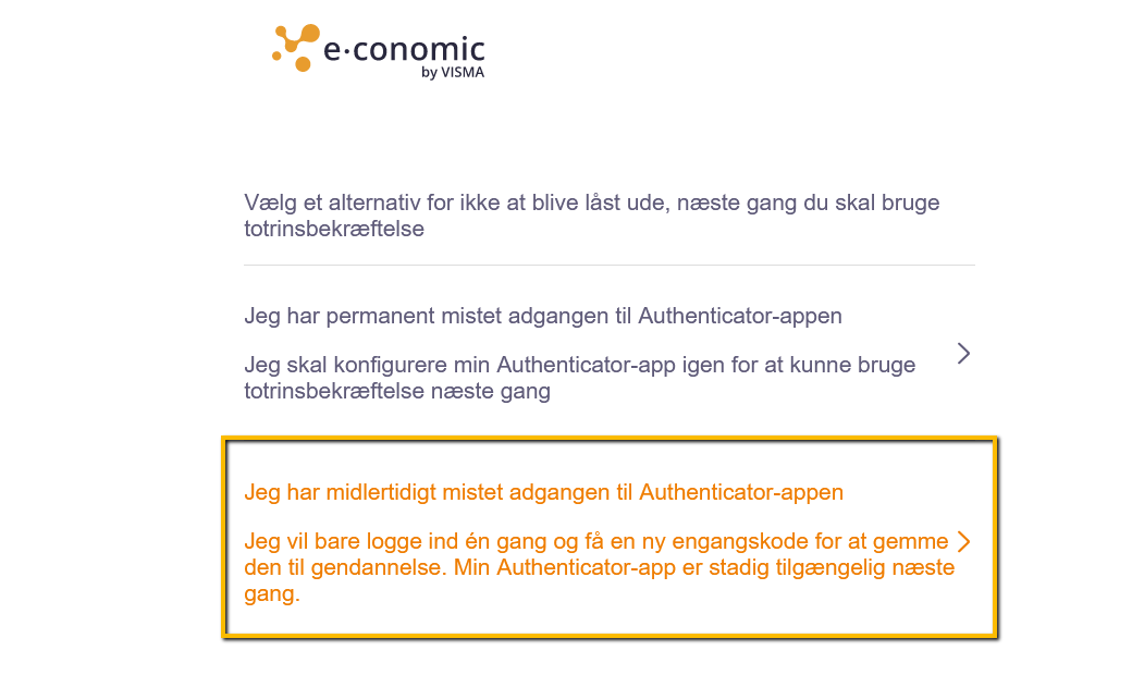 Viser valgmuligheden for midlertidig adgang i totrinsbekræftelse – bruges til at logge ind med en nødkode og få en ny.