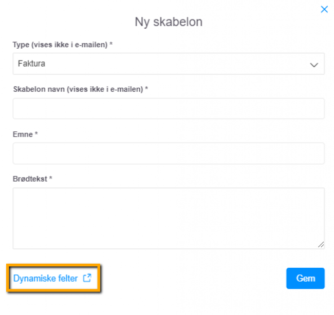 Viser dialogboksen 'Ny skabelon' i opsætningen for e-mailskabeloner – bruges til at indsætte dynamiske felter, der automatisk tilføjer kundeinformation i e-mailen.
