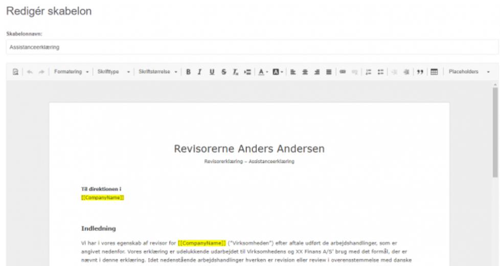 Viser redigeringsvinduet i Skabeloner til rapportforsider – bruges til at indsætte placeholders, der automatisk udfylder en rapportforside med dynamisk information.