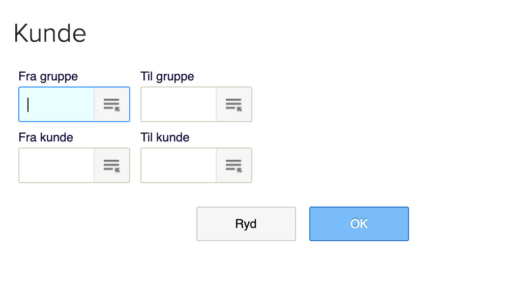 Viser filtreringsmulighederne i rapporten Kunder – bruges til at afgrænse hvilke kunder der skal med i en rapport.