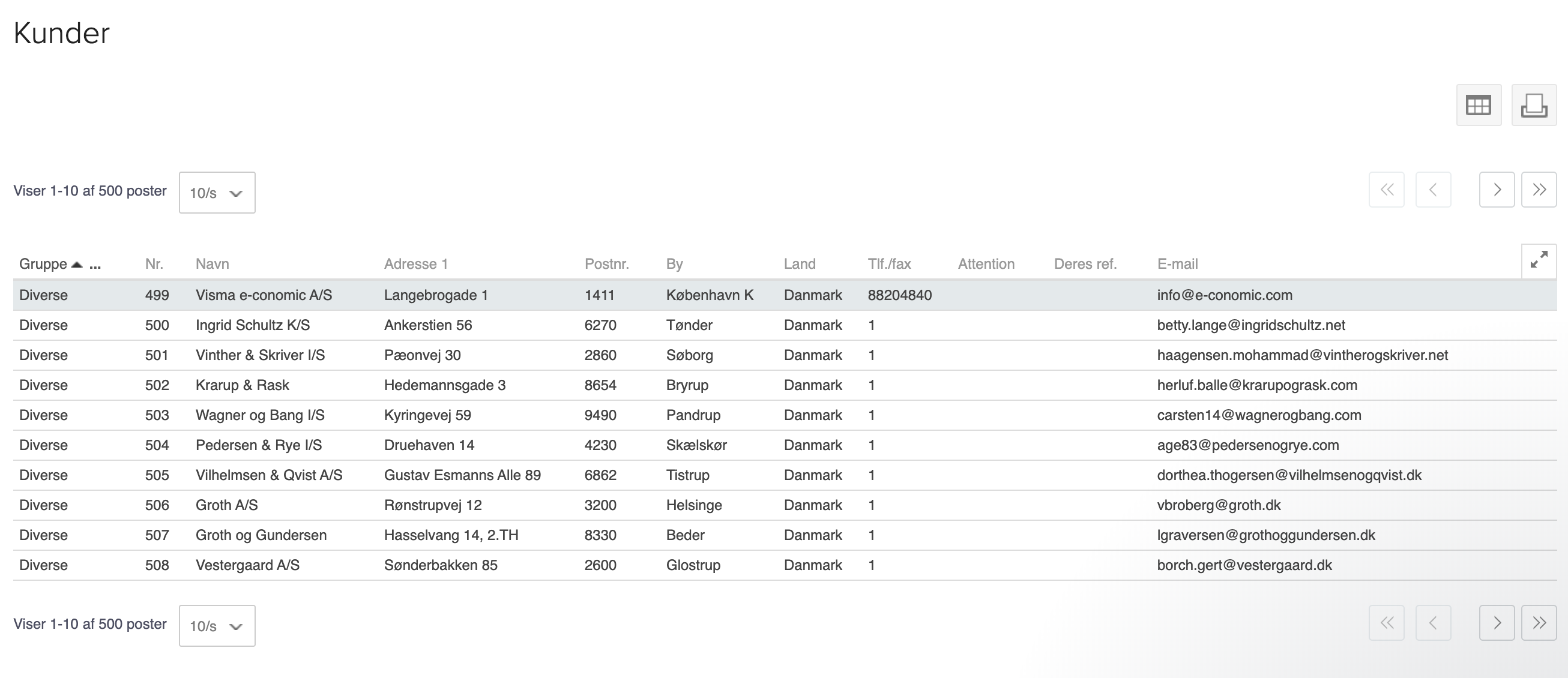 Viser en kundeliste i Rapporter – bruges til at finde information på kunder