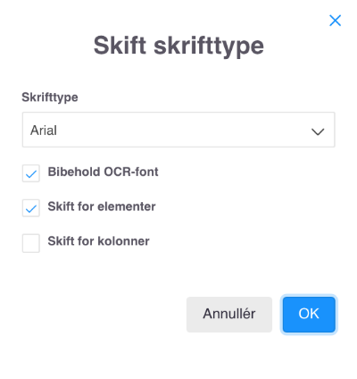 Viser pop-op-vinduet 'Skift skrifttype' i Design og layout – bruges til at skifte skrifttype for alle elementer i en skabelon på én gang.