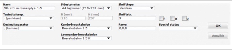 Viser indstillingsvinduet for en skabelonsamling i Design og layout – bruges til at ændre generelle indstillinger som skrifttype, sidestørrelse og talformatering.