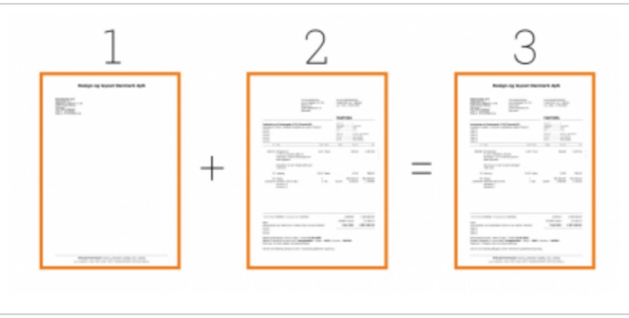 Viser sammenlægningen af en brevskabelon og en dokumentskabelon i Design og layout – bruges til at forstå, hvordan et færdigt dokument opbygges.