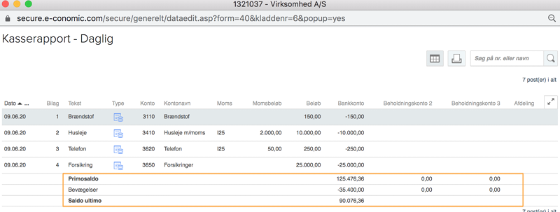 Viser kasserapporten i Regnskab – bruges til at dobbelttjekke saldoer i beholdningskonti før bogføring.
