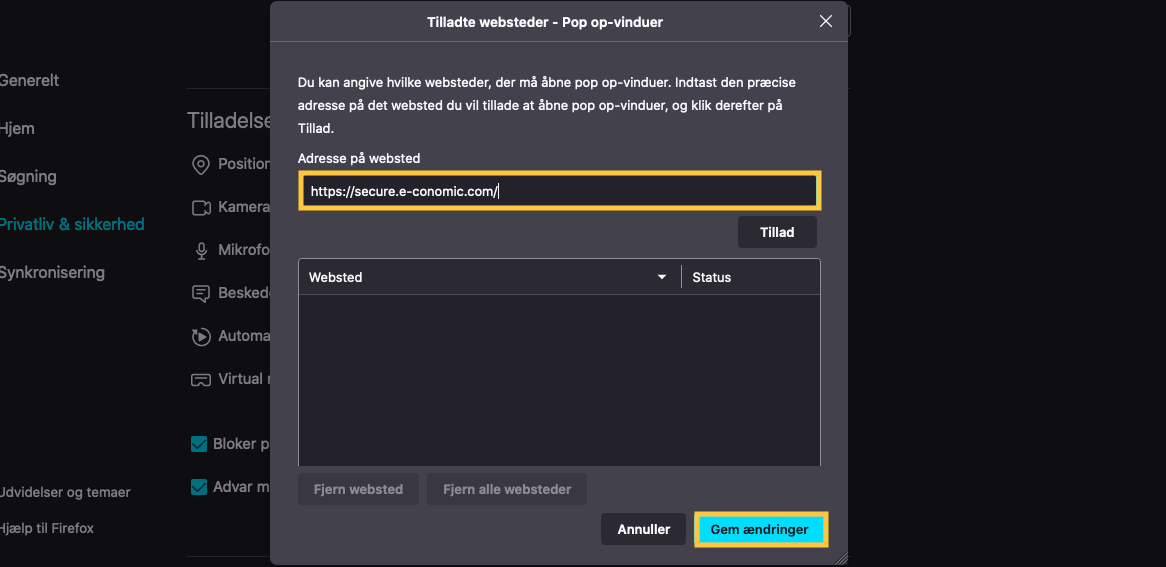 Viser tilføjelse af en undtagelse for pop op-vinduer i Mozilla Firefox' indstillinger – bruges til at tillade pop op-vinduer fra e-conomic.