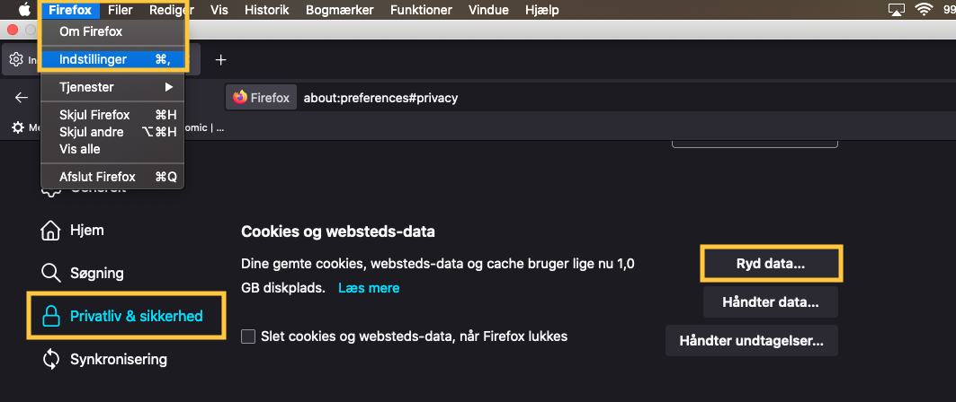 Viser menupunkterne for at rydde data i Firefox-browseren på Mac – bruges til at slette cookies og webstedsdata.