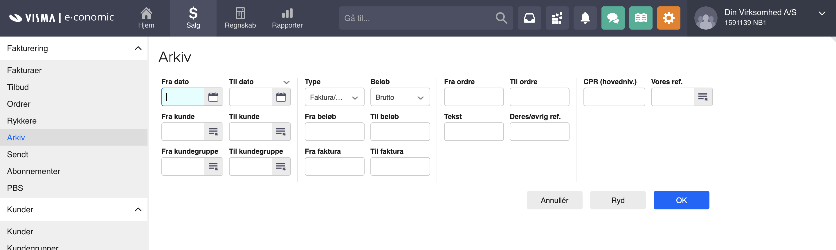 Viser søgefelterne i Arkivet – bruges til at finde bogførte salgsdokumenter.