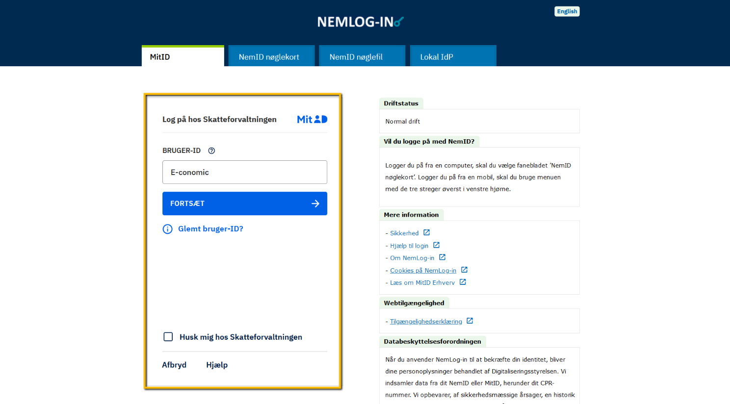 Viser login på Skatteforvaltningen i NemLog-in – bruges til at færdiggøre opsætningen af integrationen med SKAT.