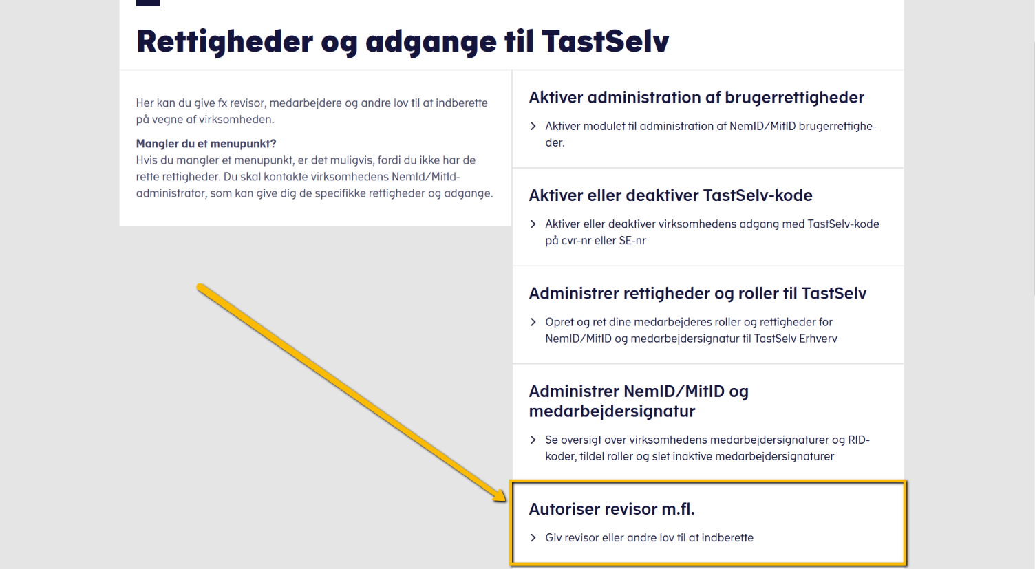 Viser menupunktet "Autoriser revisor m.fl." i SKATs TastSelv – bruges til at give e-conomic lov til at indberette for virksomheden.