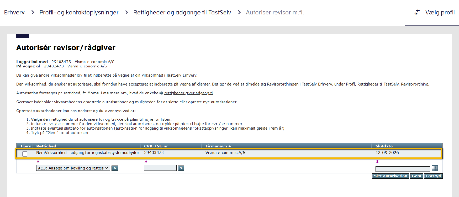 Viser oprettelse af en ny autorisation i SKATs TastSelv Erhverv – bruges til at give e-conomic adgang til at indberette på vegne af virksomheden.