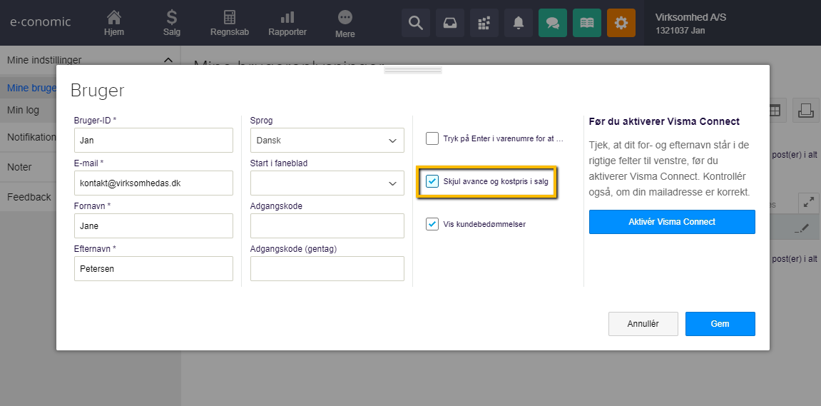 Viser fluebenet 'Skjul avance og kostpris i salg' i brugerindstillinger – bruges til at skjule kostpris og avance i salgsmodulet.