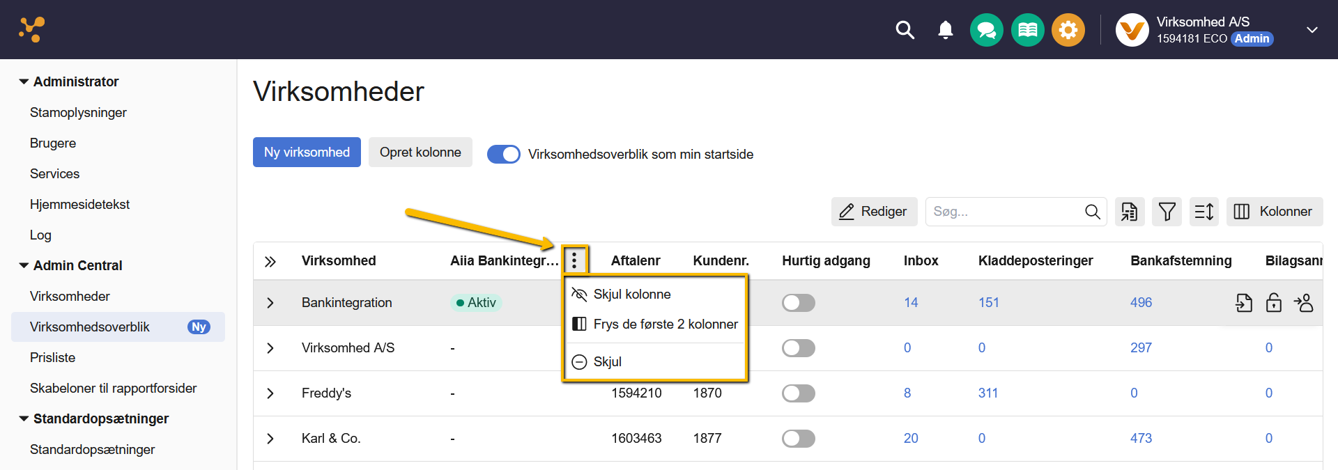 Viser dropdown-menuen for en kolonne i Virksomhedsoverblik – bruges til at skjule en specifik kolonne.
