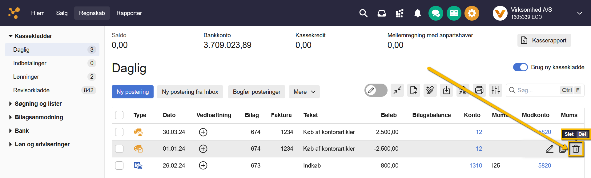 Viser slet-ikonet i kassekladden – bruges til at slette en enkelt postering.
