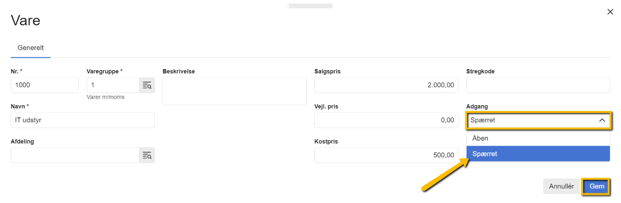 Viser valg af 'Spærret' i feltet 'Adgang' på varekortet – bruges til at spærre en vare.
