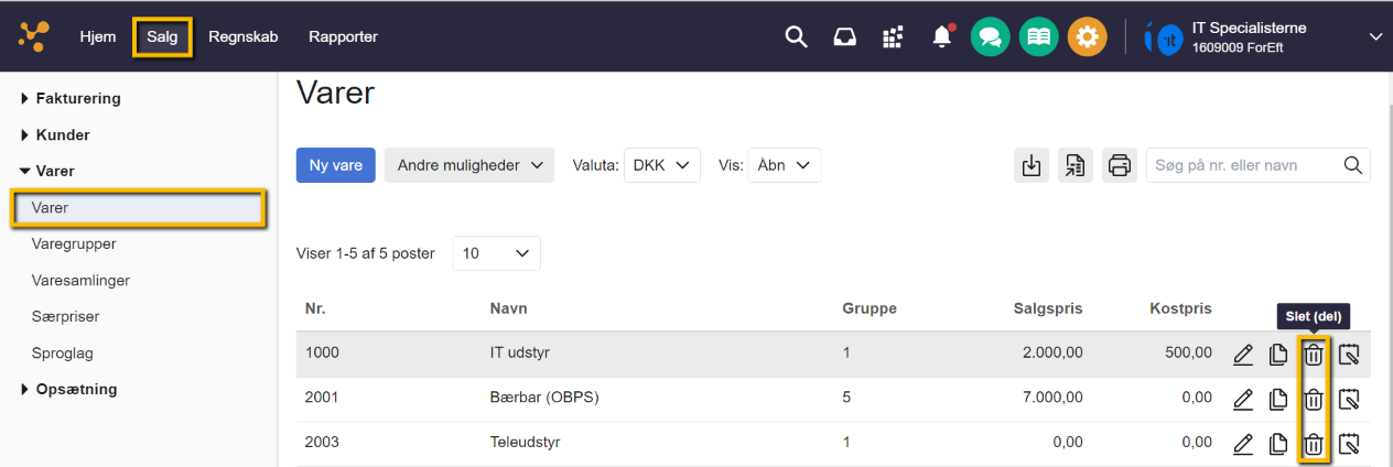 Viser slet-ikonet i vareoversigten – bruges til at slette en enkelt vare.