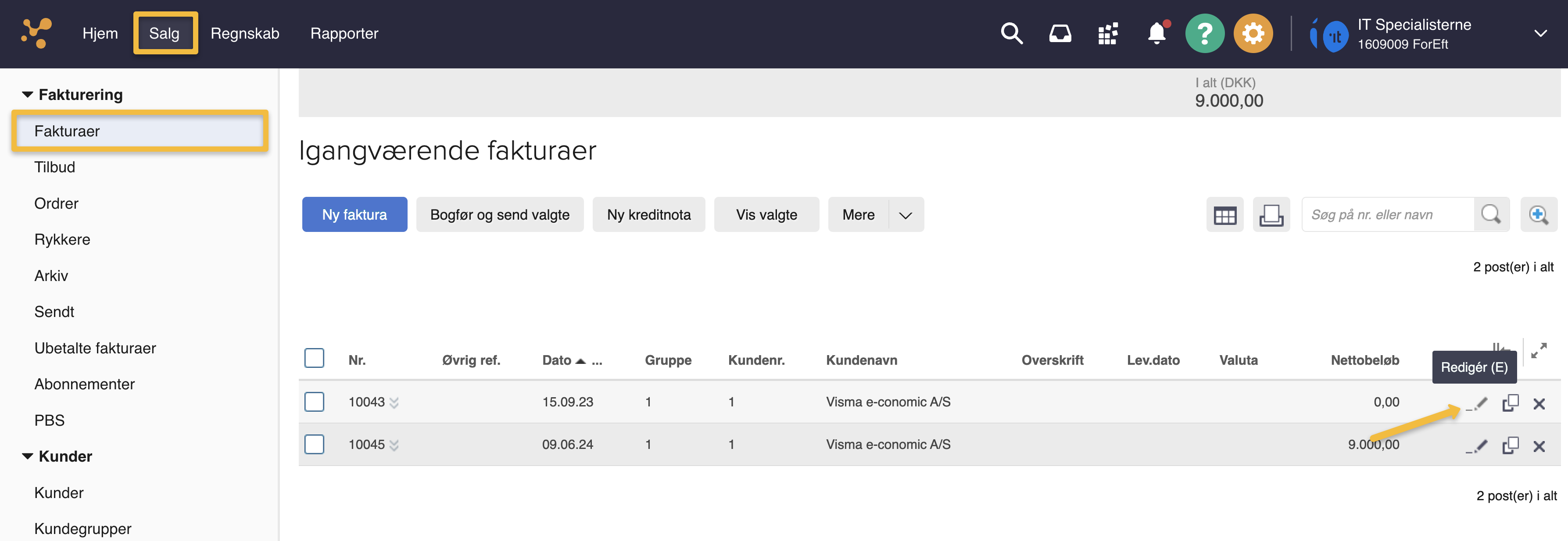 Viser Redigér-ikonet på en fakturalinje i fakturaoversigten – bruges til at åbne redigeringsvisningen for den valgte faktura.