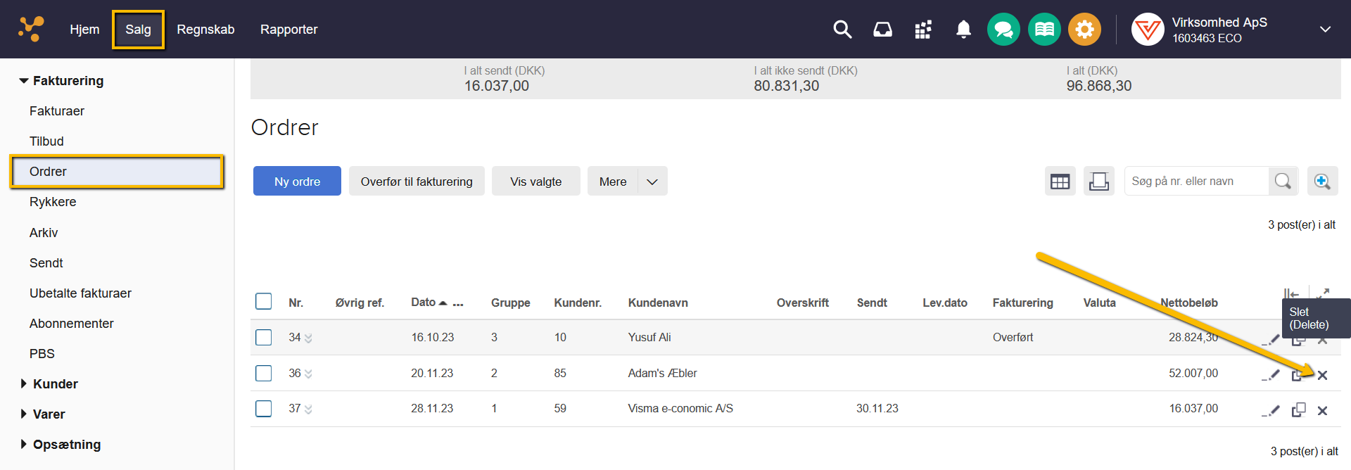 Viser slet-ikonet i ordreoversigten – bruges til at slette en enkelt ordre