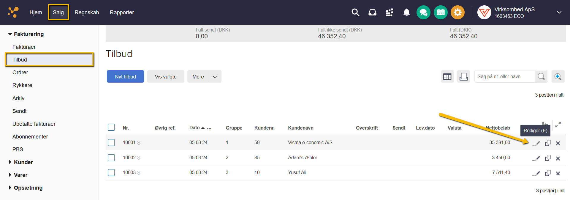 Viser Redigér-ikonet i oversigten over tilbud – bruges til at åbne et tilbud til redigering.
