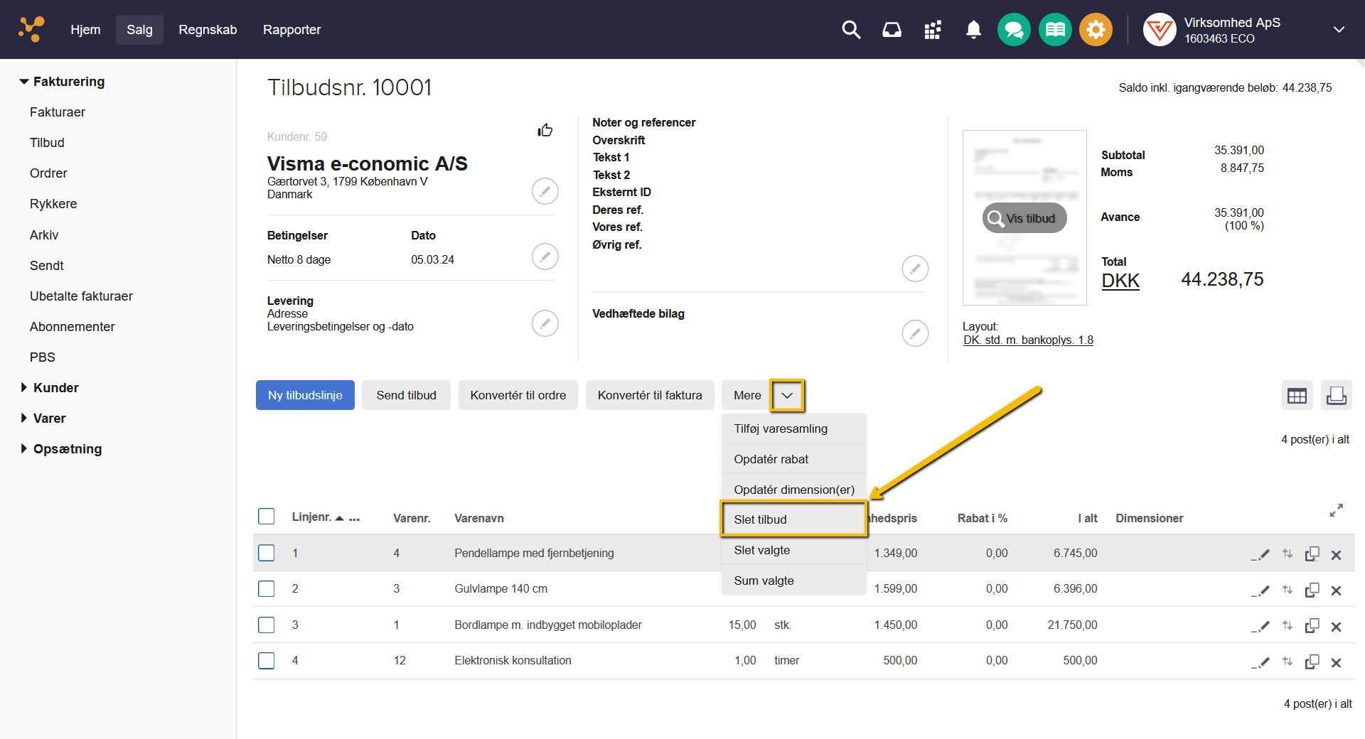 Viser knappen "Mere" og menupunktet "Slet tilbud" i redigeringsvisningen for et tilbud – bruges til at slette det åbne tilbud.