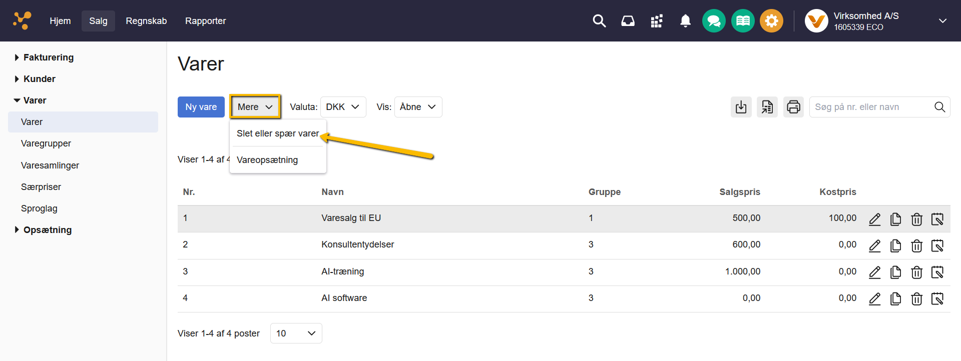 Viser valgmuligheden 'Slet eller spær varer' i dropdown-menuen 'Mere' i vareoversigten – bruges til at slette eller spærre flere varer på én gang.