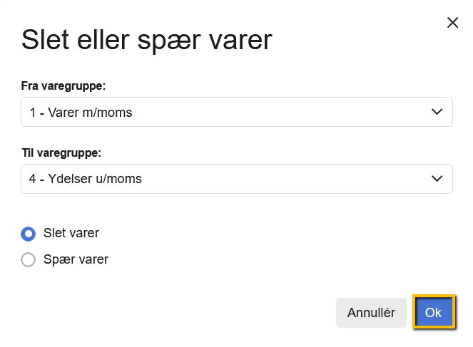 Viser pop op-vinduet 'Slet eller spær varer' i varekartoteket – bruges til at slette eller spærre alle varer inden for et valgt varegruppeinterval.