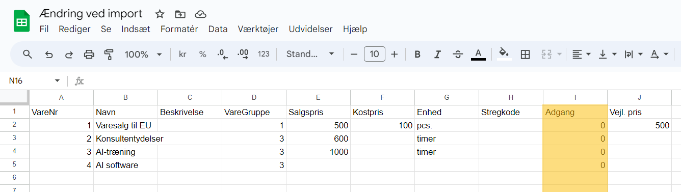 Viser kolonnen 'Adgang' i en CSV-fil til vareimport – bruges til at spærre flere varer på én gang.