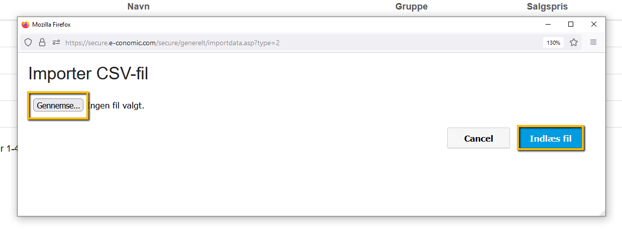 Viser vinduet 'Importer CSV-fil' i importfunktionen for varer – bruges til at vælge og indlæse en CSV-fil for at opdatere varer.