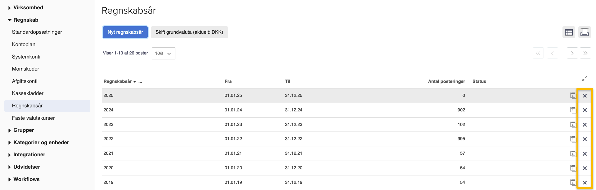 Viser ikonet med krydset i oversigten Regnskabsår – bruges til at slette et regnskabsår.