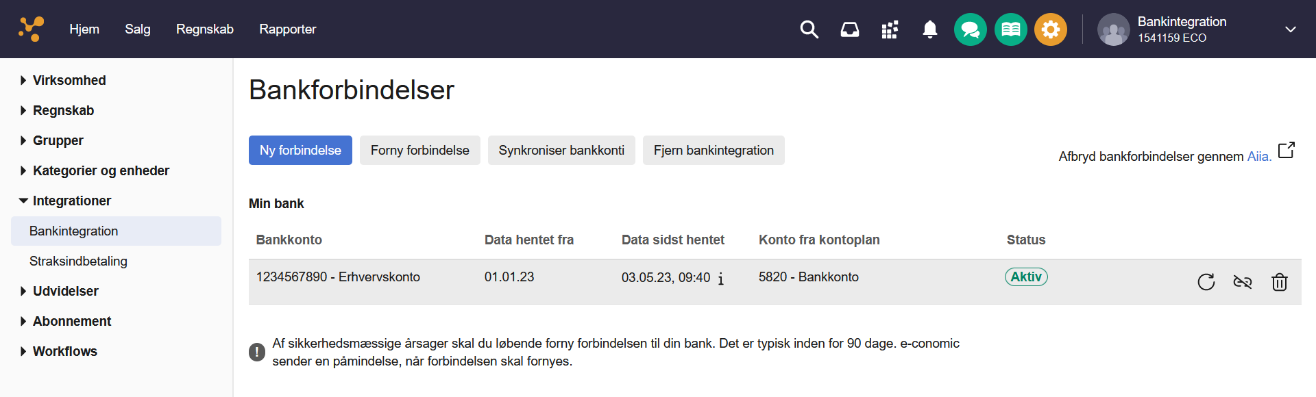 Viser en aktiv bankforbindelse i Bankintegration – bruges til at bekræfte at opsætningen er fuldført og se status på forbindelsen.