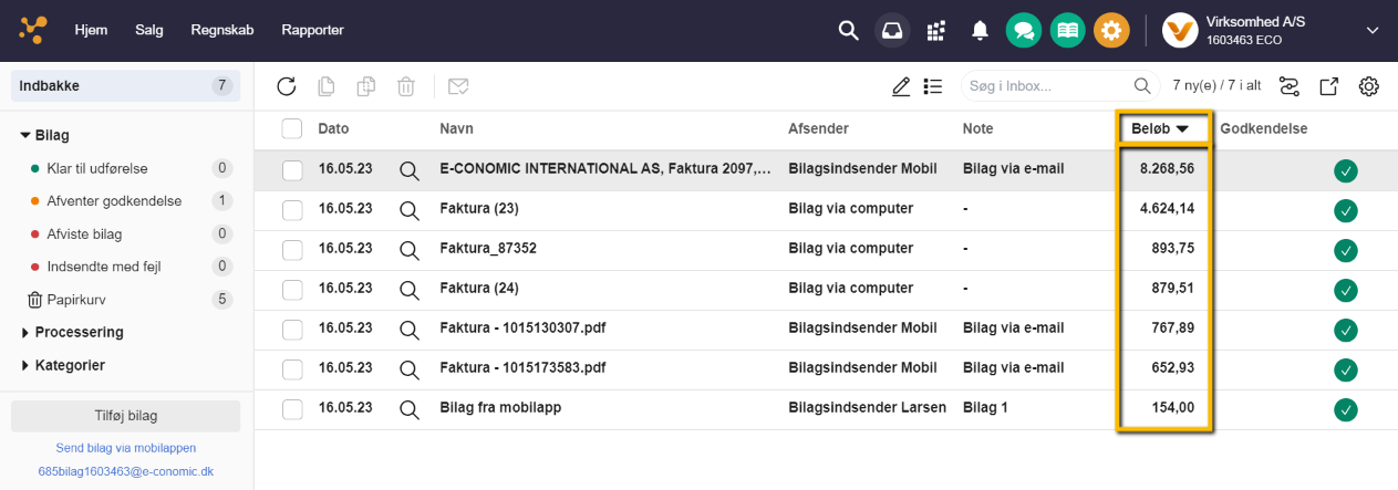 Viser sortering af bilag efter kolonnen Beløb i Indbakken – bruges til at få et overblik over bilagene fra højeste til laveste beløb.