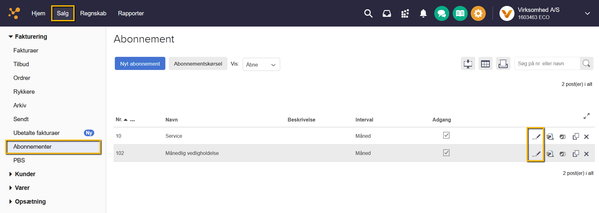 Viser redigér-ikonet i abonnementsoversigten – bruges til at redigere et eksisterende abonnement