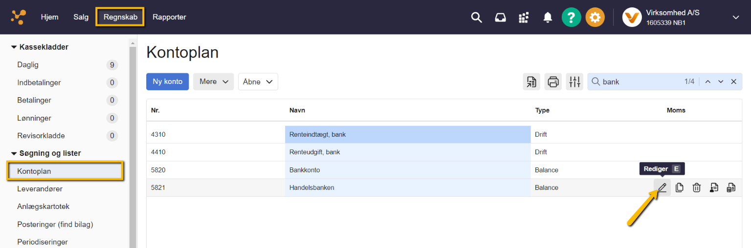 Viser Redigér-ikonet i Kontoplanen – bruges til at redigere en konto.