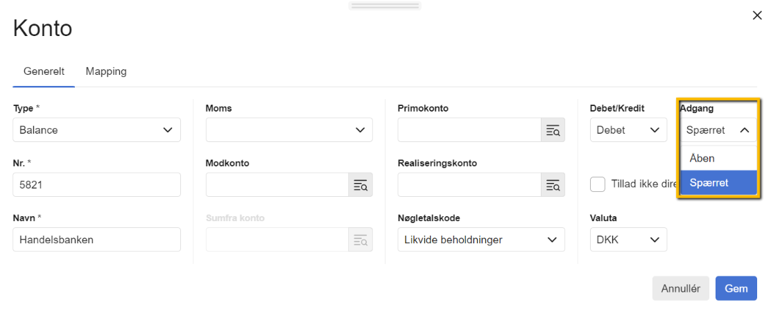 Viser "Adgang"-menuen med "Spærret" valgt i kontoindstillingerne – bruges til at spærre en konto for posteringer.